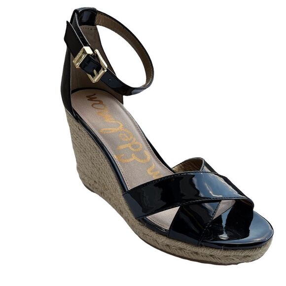 Sam Edelman Black Brenda Patent Leather Espadrilles Wedge Heel Sandal Size 8.5 - Picture 1 of 11